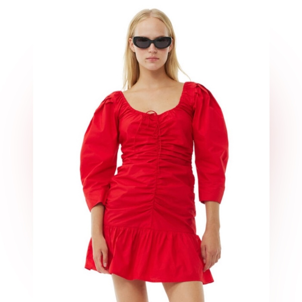 Ganni Red Gathered U-Neck Minidress BNWT 38 6